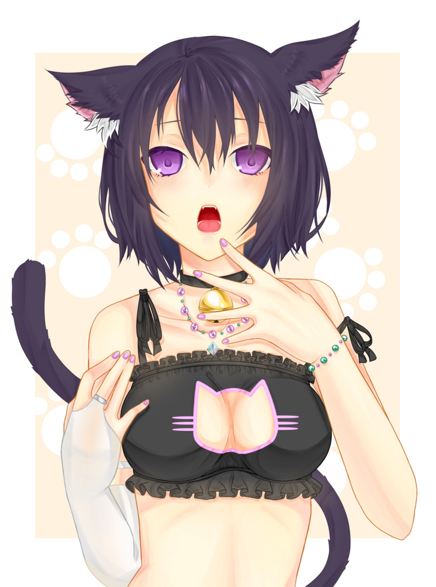 alternate_costume animal_ears bad_id bad_pixiv_id bangs bare_shoulders bead_bracelet bead_necklace beads bell bell_choker black_hair border bracelet breasts bridal_gauntlets cat_cutout cat_ears cat_lingerie cat_tail choker cleavage_cutout frills genderswap genderswap_(mtf) hair_between_eyes highres jewelry jingle_bell kemonomimi_mode large_breasts matsuno_ichimatsu meme_attire nail_polish necklace open_mouth osomatsu-kun osomatsu-san paw_print purple_eyes purple_nails rikaya010203 ring short_hair solo strap_slip tail teeth tongue underwear underwear_only upper_body