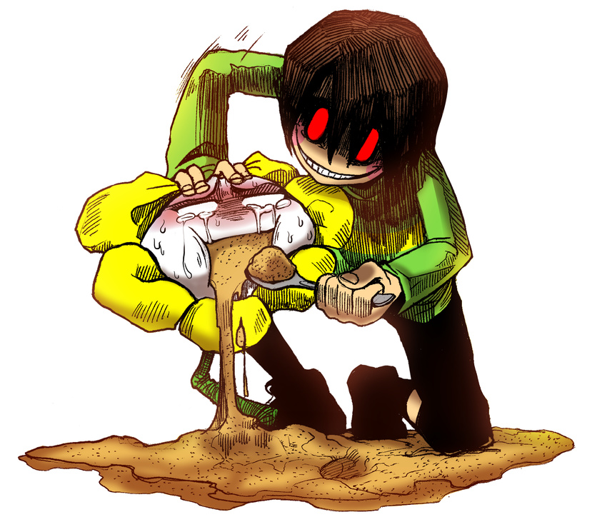 blush_stickers brown_hair chara_(undertale) commentary evil_grin evil_smile feeding flower flowey_(undertale) force_feeding full_body full_mouth g0966 grin highres kneeling no_pupils red_eyes sand shaded_face shirt simple_background smile soil solid_oval_eyes spoilers striped striped_shirt sweat sweating_profusely tears teeth undertale white_background