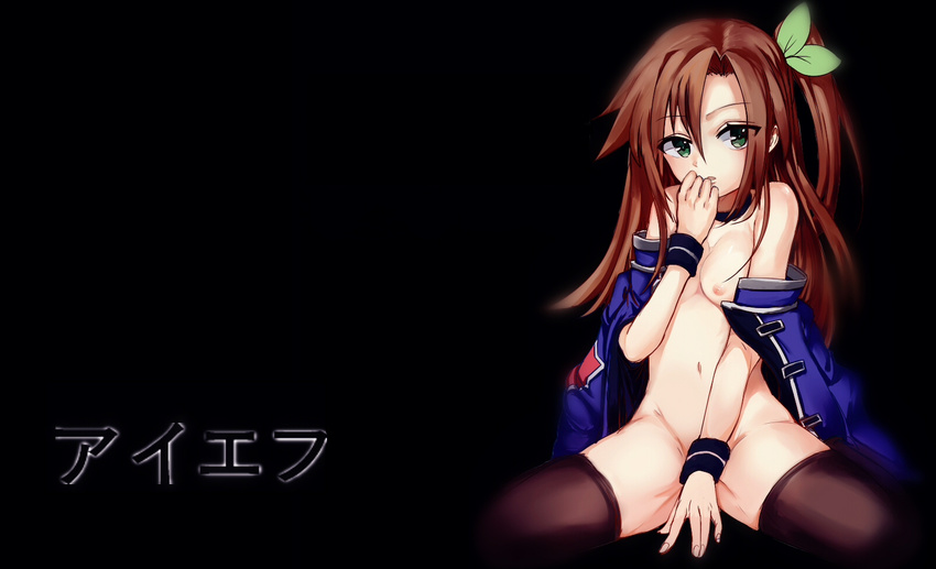 black_background blush bow breasts brown_hair character_name covering covering_crotch green_eyes hair_bow hair_ornament highres if_(choujigen_game_neptune) long_hair looking_at_viewer navel neptune_(series) nipples numakurap open_mouth ribbon small_breasts solo