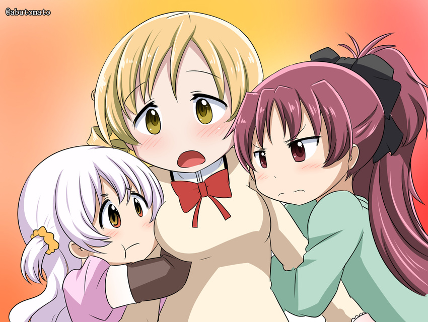 abutomato blonde_hair blush image_sample mahou_shoujo_madoka_magica momoe_nagisa multiple_girls pixiv_sample red_hair sakura_kyouko tomoe_mami white_hair yellow_eyes