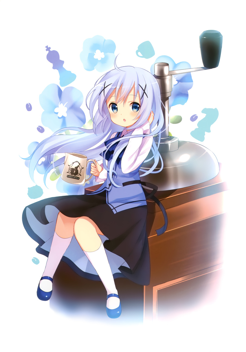 :o absurdres blue_eyes blush chess_piece chestnut_mouth coffee_beans coffee_grinder coffee_pot floral_background gochuumon_wa_usagi_desu_ka? hair_ornament hand_in_hair highres holding kafuu_chino koi_(koisan) long_hair looking_at_viewer mary_janes md5_mismatch rabbit_house_uniform shoes solo tippy_(gochiusa) waitress white_legwear x_hair_ornament