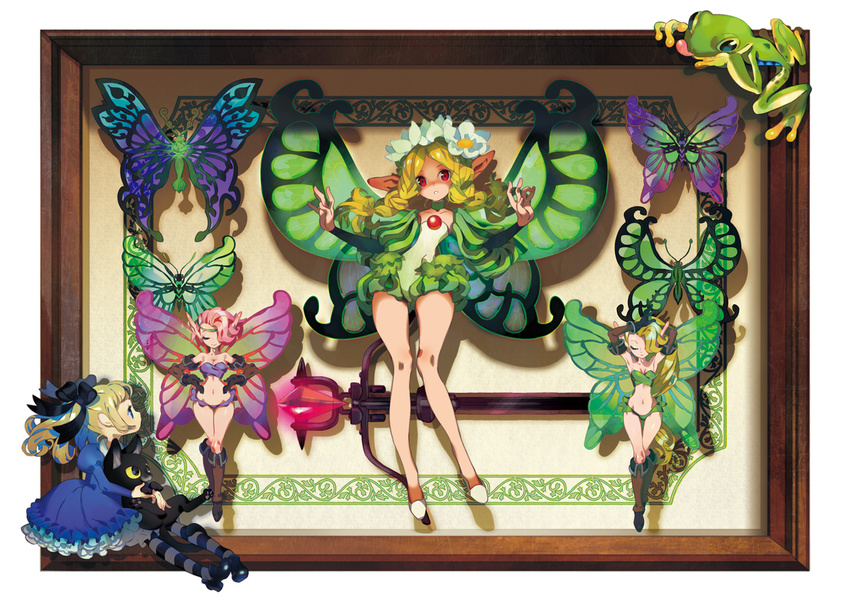 alice_(odin_sphere) blonde_hair braid butterfly_wings cat commentary dress fairy flower frog hair_flower hair_ornament ingway_(odin_sphere) long_hair mercedes multiple_girls odin_sphere pointy_ears puffy_sleeves red_eyes socrates_(odin_sphere) take_(illustrator) twin_braids twintails wings