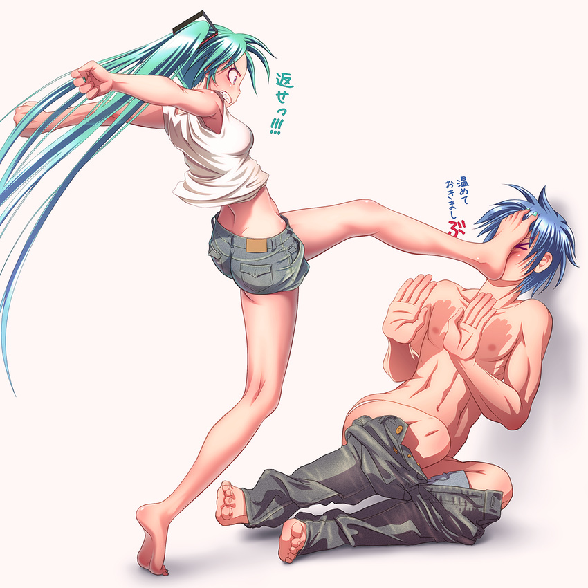 &gt;_&lt; 1girl abs angry aqua_hair armpit_peek ass barefoot blue_hair blush breasts clenched_hands clenched_teeth closed_eyes denim denim_shorts feet femdom fingernails foot_on_face foot_smother full_body hair_ornament hands_up hatsune_miku highres jeans kaito kicking kneepits long_hair midriff nail_polish outstretched_arms pants pants_down pants_pull profile shirt shirtless short_hair shorts simple_background sleeveless sleeveless_shirt small_breasts soles standing standing_on_one_leg stepped_on teeth toenail_polish toenails toes translated twintails very_long_hair vocaloid wokada