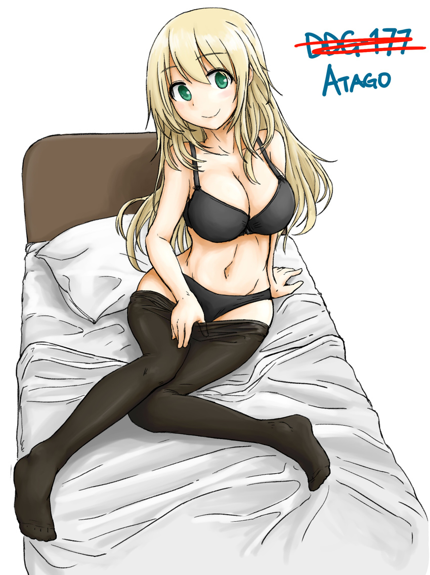 atago_(kantai_collection) bad_id bad_pixiv_id bed bed_sheet blonde_hair bra breasts cleavage dutchko green_eyes highres kantai_collection large_breasts long_hair looking_at_viewer panties pantyhose pillow simple_background sitting smile solo underwear undressing white_background