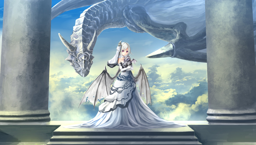 bridal_veil cloud day dragon dragon_girl dragon_wings dress fantasy gloves hair_ornament highres kouji_(astral_reverie) long_dress neck_garter original red_eyes sky solo stairs veil wedding_dress white_hair wings