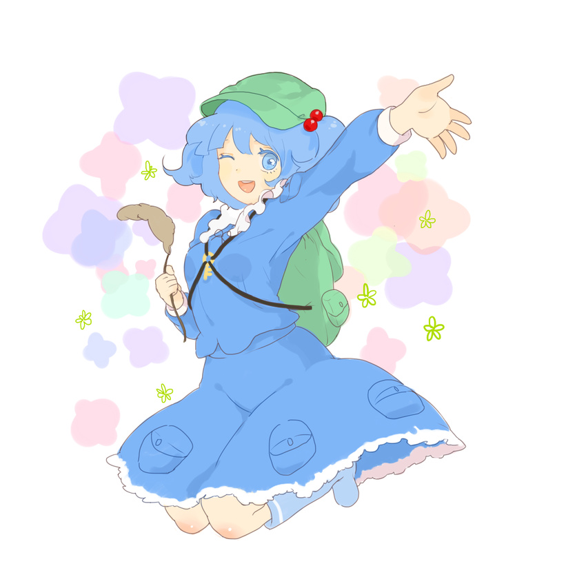 backpack bad_id bad_pixiv_id bag blue_eyes blue_hair blue_shirt blue_skirt boots cabbie_hat cattail colored_eyelashes flower full_body green_hat hair_bobbles hair_ornament hand_up hat highres honi jumping kawashiro_nitori key long_sleeves looking_at_viewer one_eye_closed open_mouth plant round_teeth rubber_boots shiny shiny_hair shirt skirt smile solo teeth tongue touhou two_side_up white_background