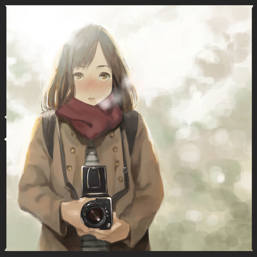 absurdres backpack bag bangs black_border blush border breath brown_eyes brown_hair camera coat cold double-breasted hasselblad highres holding holding_camera long_hair long_sleeves looking_at_viewer original parted_lips red_scarf scarf solo strap upper_body winter_clothes yomu_(sgt_epper)