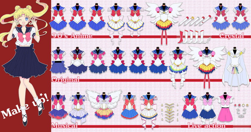 ;d bishoujo_senshi_sailor_moon blonde_hair blue_eyes blue_sailor_collar blue_skirt boots bow brooch cape choker costume_chart double_bun eternal_sailor_moon gloves happy heart heart_choker highres jewelry juuban_middle_school_uniform layered_skirt long_hair multicolored multicolored_clothes multicolored_skirt one_eye_closed open_mouth pink_bow pink_skirt pleated_skirt pretty_guardian_sailor_moon princess_sailor_moon red_bow red_footwear sailor_collar sailor_cosmos sailor_moon sailor_moon_musical sailor_senshi_uniform saki_(hxaxcxk) school_uniform serafuku skirt smile solo super_sailor_moon tsukino_usagi twintails white_bow white_choker white_footwear white_gloves white_sailor_collar wings