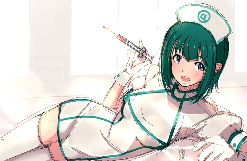 cosplay dated ear gloves green_hair hat idolmaster idolmaster_(classic) looking_at_viewer lying mistrail mole mole_under_mouth nurse nurse_cap on_side open_mouth otonashi_kotori puffy_short_sleeves puffy_sleeves red_eyes round_teeth short_hair short_sleeves solo syringe teeth thighhighs white_gloves white_legwear zettai_ryouiki