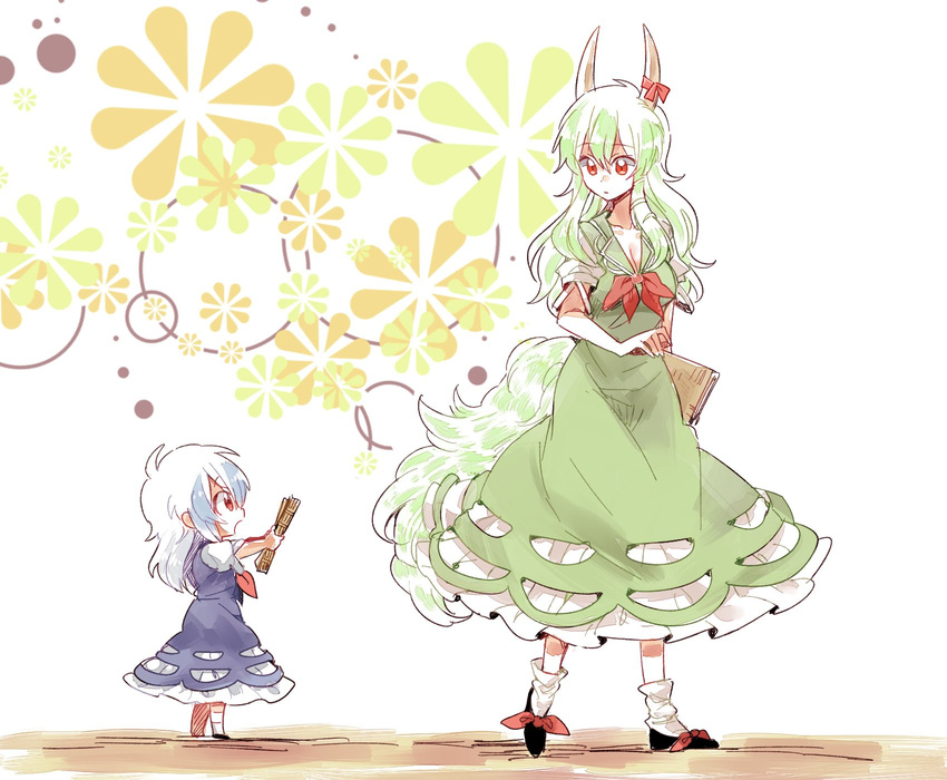 breasts cleavage commentary dress dual_persona ex-keine green_hair highres horn_ribbon horns kamishirasawa_keine medium_breasts multiple_girls outstretched_arms red_eyes ribbon scroll six_(fnrptal1010) time_paradox touhou white_hair younger