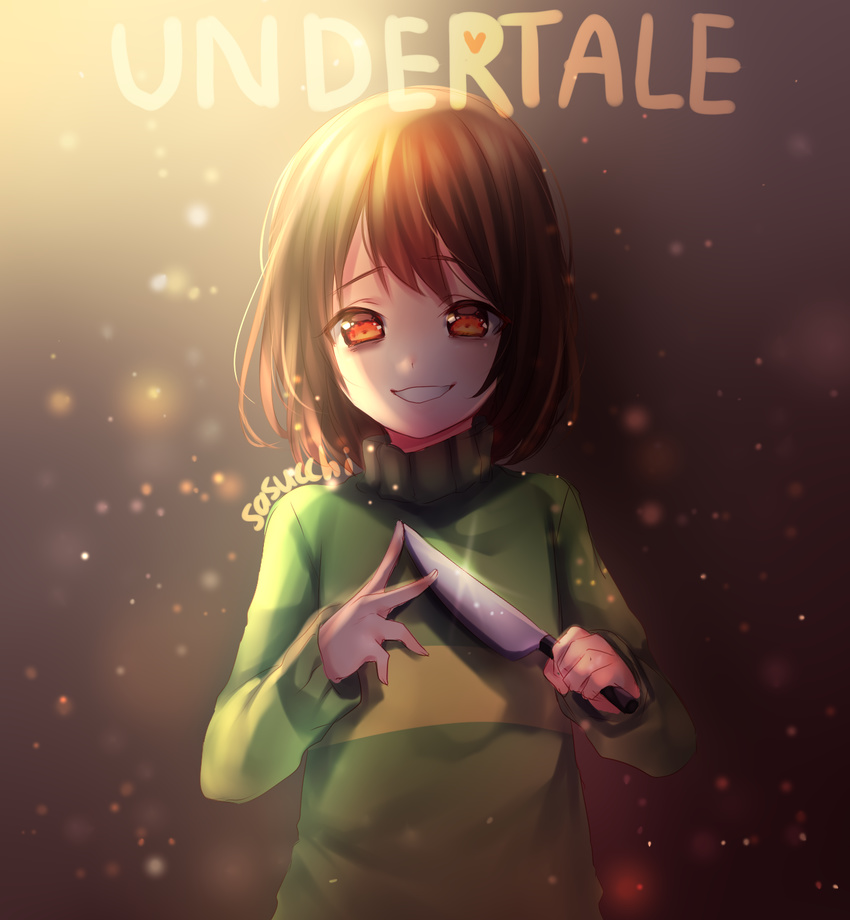 artist_name brown_eyes brown_hair chara_(undertale) copyright_name dust evil_grin evil_smile glint grin highres holding holding_weapon knife long_sleeves looking_at_viewer sasucchi95 smile solo spoilers striped striped_sweater sunlight sweater teeth undertale upper_body weapon