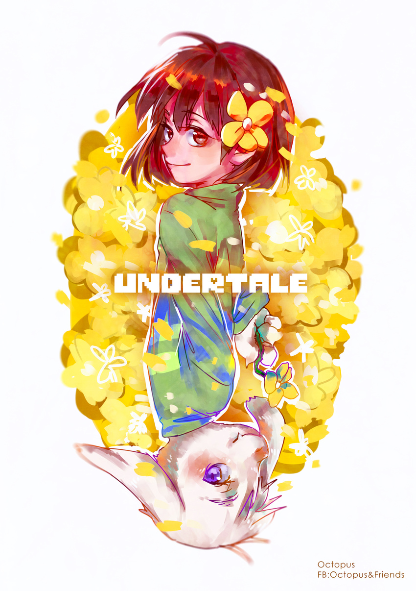 absurdres androgynous artist_name asriel_dreemurr blue_eyes brown_eyes brown_hair chara_(undertale) copyright_name flower from_side furry hair_flower hair_ornament highres holding holding_flower horns looking_at_viewer looking_to_the_side monster_boy octopus663 petals shirt simple_background smile spoilers striped striped_shirt undertale upper_body white_background