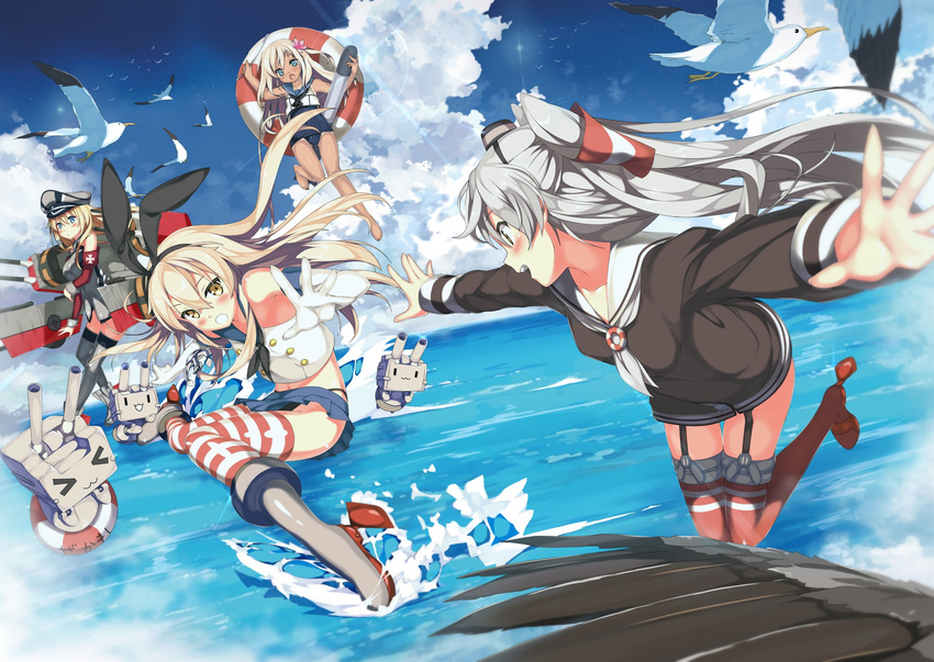 &gt;_&lt; :3 :d :o absurdres amatsukaze_(kantai_collection) anchor_hair_ornament animal arm_at_side bangs barefoot bird bismarck_(kantai_collection) black_panties blonde_hair blue_eyes blush boots cannon closed_eyes cloud crop_top day detached_sleeves dress elbow_gloves fang fingernails floating_hair flower from_side garter_straps gloves grey_footwear grey_legwear hair_between_eyes hair_flower hair_ornament hair_tubes hairband hat highleg highleg_panties highres holding iron_cross kantai_collection kantoku_(style) kawai lens_flare lifebuoy long_fingernails long_hair looking_at_viewer midriff military military_hat military_uniform miniskirt motion_blur multiple_girls ocean one-piece_tan open_mouth outstretched_arms panties peaked_cap pink_flower pleated_skirt profile reaching red_footwear red_legwear rensouhou-chan ro-500_(kantai_collection) rudder_shoes sailor_collar sailor_dress school_swimsuit school_uniform seagull serafuku shimakaze_(kantai_collection) shoes short_dress silver_hair skirt sky sleeveless smile spread_arms spread_fingers striped striped_legwear swimsuit swimsuit_under_clothes tan tanline thigh_gap thighhighs torpedo turret two_side_up underwear uniform upskirt waves white_gloves windsock yellow_eyes