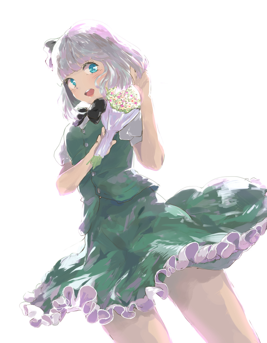 backlighting black_hairband blue_eyes blush bouquet bow cowboy_shot flower frilled_skirt frills green_skirt green_vest hairband hand_in_hair highres honi konpaku_youmu looking_at_viewer open_mouth perspective round_teeth shirt short_hair silver_hair simple_background sketch skirt skirt_set solo teeth thighs tongue touhou vest white_background white_shirt