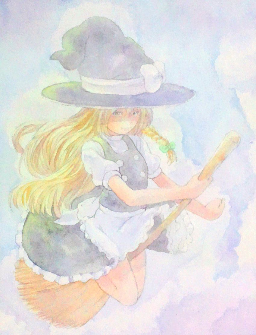 apron black_dress blonde_hair blue_sky bow braid broom broom_riding clenched_hand cloud dress full_body hair_between_eyes hair_bow hat hat_bow highres holding holding_broom kirisame_marisa long_hair looking_at_viewer puffy_sleeves short_sleeves single_braid skirt sky solo touhou traditional_media waist_apron watercolor_(medium) witch_hat yellow_eyes yuyu_(00365676)