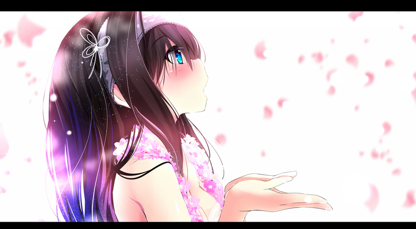 bare_shoulders blue_eyes blush butterfly_hair_ornament cherry_blossoms cupping_hands flower flower_necklace from_side hair_ornament hairband highres idolmaster idolmaster_cinderella_girls jewelry long_hair looking_up natsu_(anta_tte_hitoha) necklace petals profile sagisawa_fumika solo white_hairband