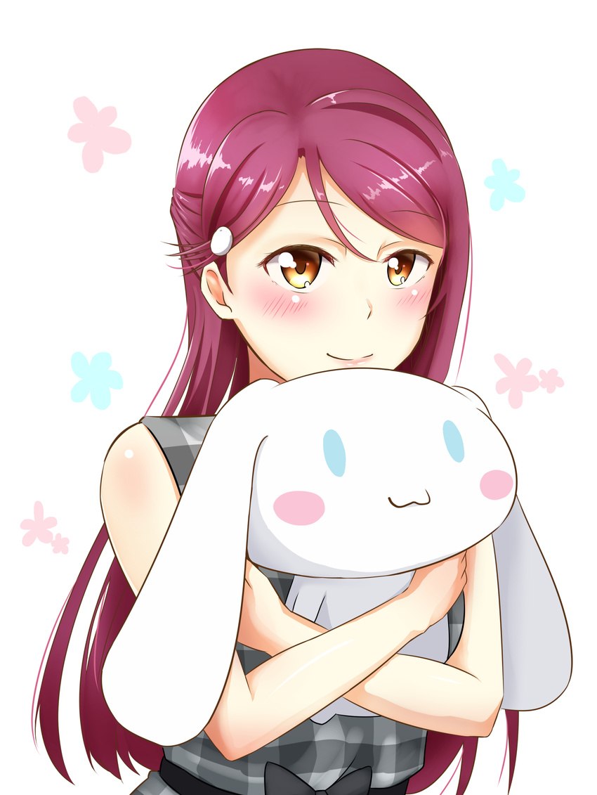 1girl :3 blush blush_stickers cinnamoroll hair_ornament hairclip half_updo highres long_hair looking_at_viewer love_live! love_live!_sunshine!! misiro_s pink_hair red_hair sakurauchi_riko sanrio simple_background smile solo stuffed_animal stuffed_bunny stuffed_toy upper_body white_background yellow_eyes