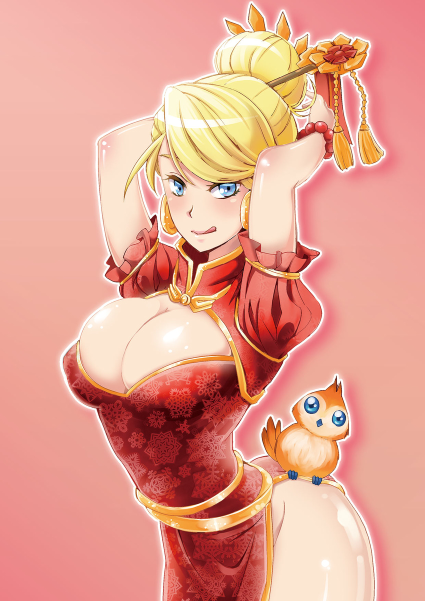 :q arched_back arms_up bad_id bad_pixiv_id bird blonde_hair blush bracelet breasts bursting_breasts china_dress chinese_clothes cleavage_cutout dress earrings hair_bun hair_ornament highres jaina_proudmoore jewelry large_breasts menhou owl pelvic_curtain pink_background side_slit smile solo tongue tongue_out warcraft world_of_warcraft