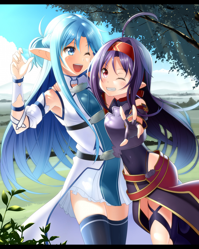 ahoge asuna_(sao) asuna_(sao-alo) blue_eyes blue_hair blue_sky breastplate cloud covered_navel day detached_sleeves fingerless_gloves gloves headband highres leotard long_hair multiple_girls nyanmaru one_eye_closed open_mouth outdoors pointy_ears purple_hair red_eyes skirt sky smile standing sword_art_online thighhighs tree v white_skirt yuuki_(sao)