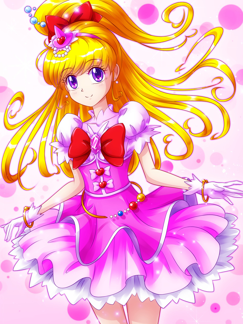 asahina_mirai blonde_hair bow bracelet cowboy_shot cure_miracle earrings gem gloves hair_bow hairband half_updo hat highres jewelry long_hair looking_at_viewer magical_girl mahou_girls_precure! mimimix mini_hat mini_witch_hat pink_bow pink_hat pink_skirt ponytail precure puffy_sleeves purple_eyes red_bow skirt smile solo white_gloves witch_hat