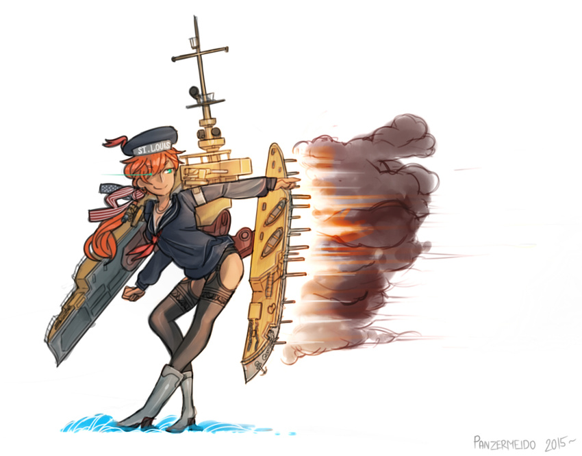 2015 american_flag artillery black_legwear boat boots cannon dark_skin english fire garter_belt green_eyes kantai_collection long_hair machinery military military_uniform naval_uniform original panzermeido ponytail red_hair simple_background smoke solo thighhighs thighs turret uniform uss_st._louis_(c-20) water watercraft world_of_warships