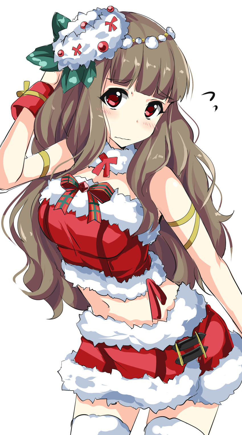 blush brown_hair christmas embarrassed eyebrows hair_ornament highres idolmaster idolmaster_cinderella_girls kamiya_nao long_hair looking_at_viewer midriff mini_wreath natsu_(anta_tte_hitoha) navel red_eyes ribbon santa_costume skirt solo thighhighs white_legwear