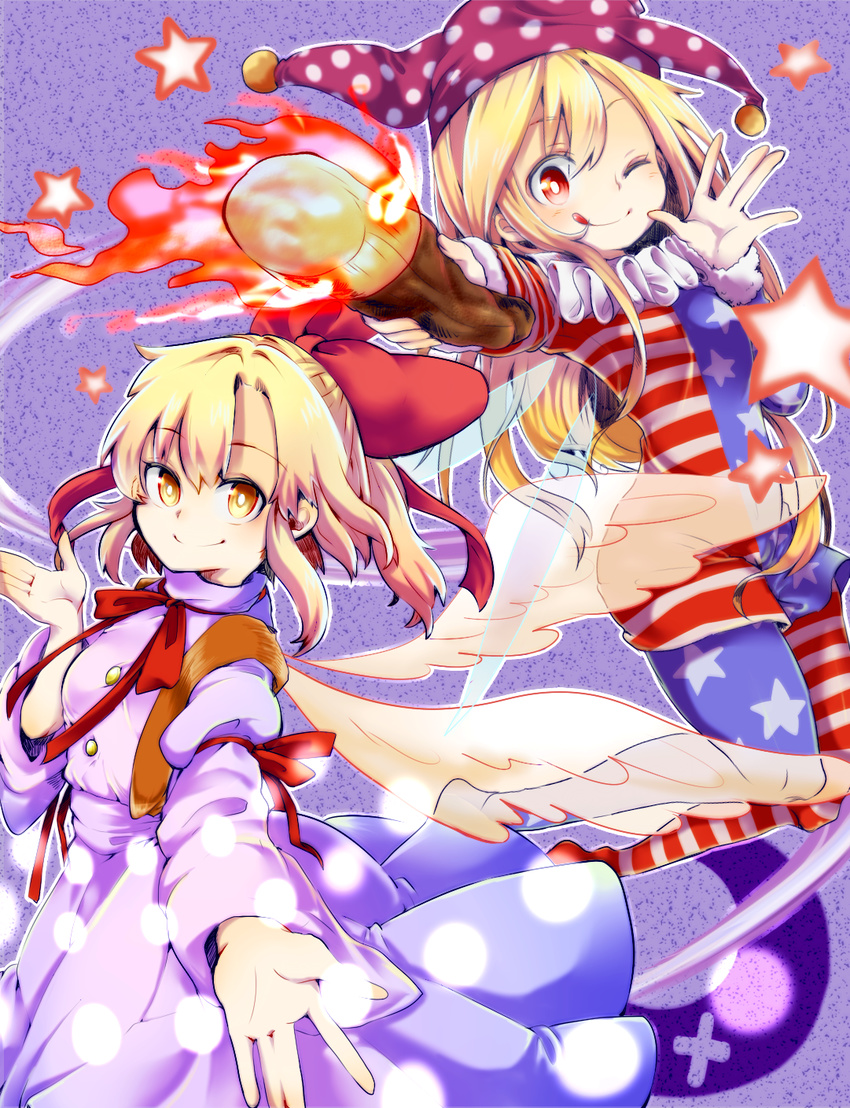 american_flag_dress american_flag_legwear bangs blonde_hair bow clownpiece dress fire frilled_shirt_collar frills gengetsu hair_bow hat highres jester_cap long_hair long_sleeves looking_at_viewer multiple_girls neck_ruff one_eye_closed outstretched_arm pantyhose polka_dot red_bow red_eyes red_ribbon ribbon striped striped_dress tongue tongue_out torch touhou touhou_(pc-98) wadante white_dress white_wings wings