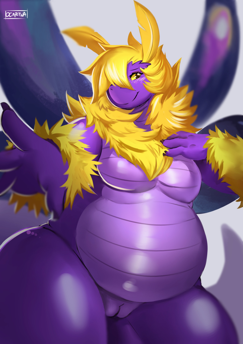 2018 antennae anthro arthropod belly big_belly blush breasts claws digital_media_(artwork) featureless_breasts female fluffy fur hi_res hybrid insect kobold moth mothbold nude ocaritna overweight purple_body purple_scales pussy scales scalie shaded smile solo stardust_(zephyr) wings yellow_eyes yellow_fur