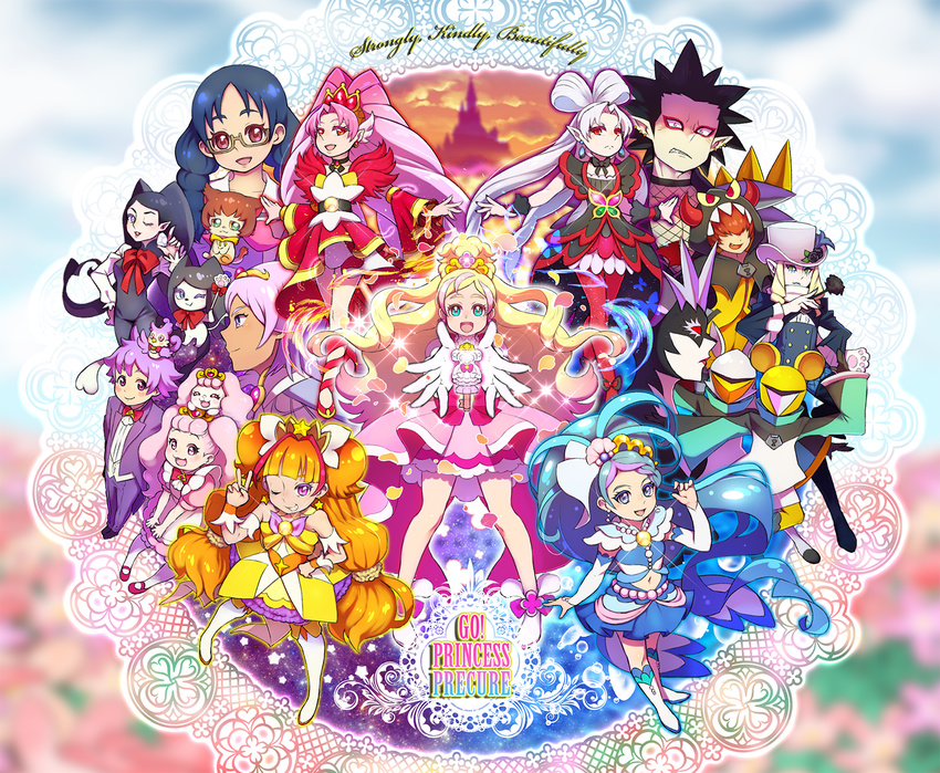 6+girls :d ;d akagi_towa albino amanogawa_kirara arm_warmers aroma_(go!_princess_precure) aroma_(go!_princess_precure)_(human) belt bird black_bow black_flower black_hair black_rose blonde_hair blue_hair blue_skirt boots bow bowtie brown-framed_eyewear brown_hair butler castle choker clenched_teeth close_(go!_princess_precure) colored_eyelashes copyright_name creature crop_top cure_flora cure_mermaid cure_scarlet cure_twinkle detached_sleeves dog dress-up_key dual_persona dyspear earrings everyone flower freeze_(go!_princess_precure) glasses gloves go!_princess_precure green_eyes haidoro hair_over_eyes hand_on_hip haruno_haruka hat highres hood jewelry kaidou_minami knee_boots kuroro_(go!_princess_precure) lock_(go!_princess_precure) long_hair looking_at_viewer magical_girl mask messy_hair miss_siamour miss_siamour_(human) multicolored_hair multiple_boys multiple_girls nanase_yui navel one_eye_closed open_mouth pale_skin pants pantyhose personification petals pink_bow pink_eyes pink_hair pink_skirt pointy_ears precure prince_kanata puff_(go!_princess_precure) puff_(go!_princess_precure)_(human) puffy_sleeves purple_eyes purple_hair purple_pants quad_tails red_bow red_eyes red_footwear red_hair red_legwear red_skirt red_sleeves rose shoes shut_(go!_princess_precure) skirt smile spiked_hair standing star star_earrings stop_(go!_princess_precure) streaked_hair teeth thigh_boots thighhighs top_hat twilight_(go!_princess_precure) twintails two-tone_hair v wand white_footwear white_gloves white_hair white_hat wrist_cuffs