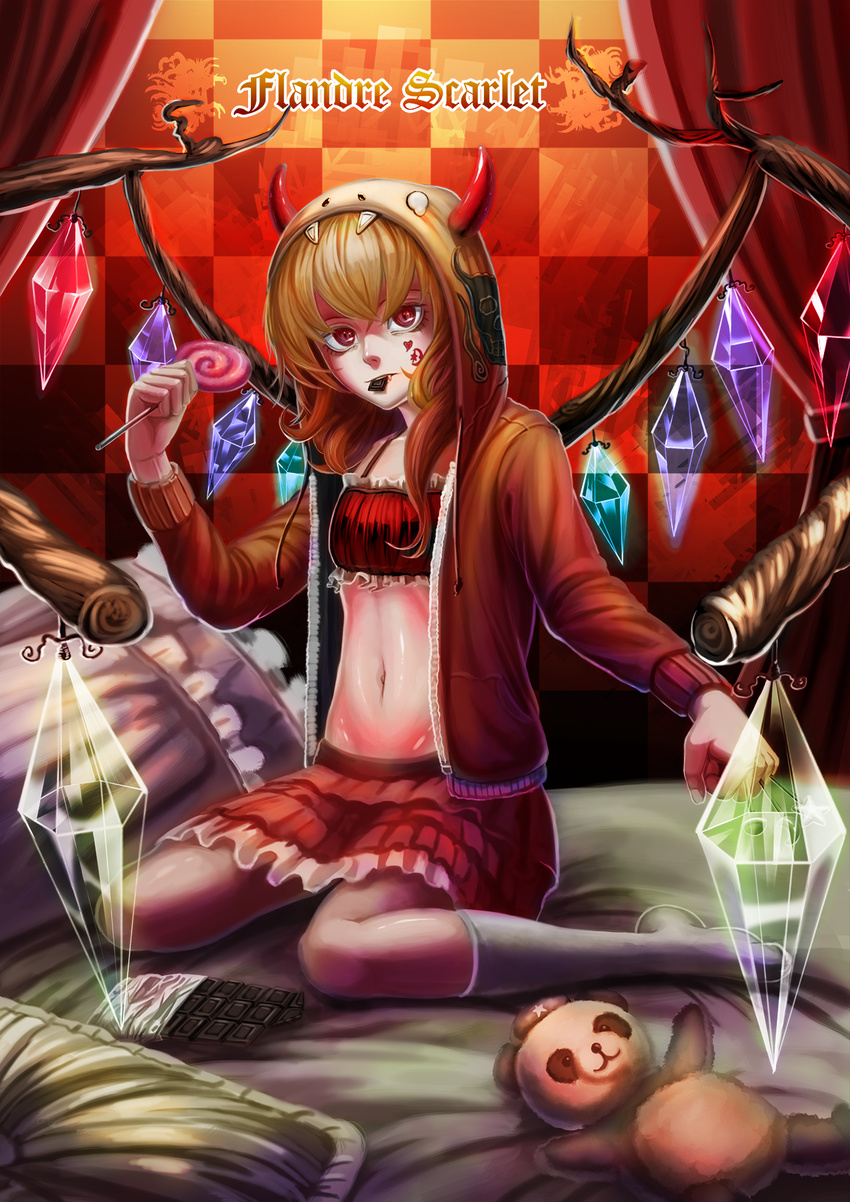ascot bangs bed between_fingers blurry bra candy character_doll character_name checkered checkered_background chocolate commentary crystal depth_of_field eating facial_tattoo fang_out flandre_scarlet food frilled_bra frilled_skirt frills hand_up heart highres hong_meiling_(panda) hood hoodie horns lollipop long_sleeves looking_at_viewer navel nose pillow recare red_bra red_eyes red_skirt shiny shiny_skin side_ponytail sitting skirt solo stomach stuffed_animal stuffed_toy tattoo teddy_bear touhou transparent underwear wariza white_legwear wings