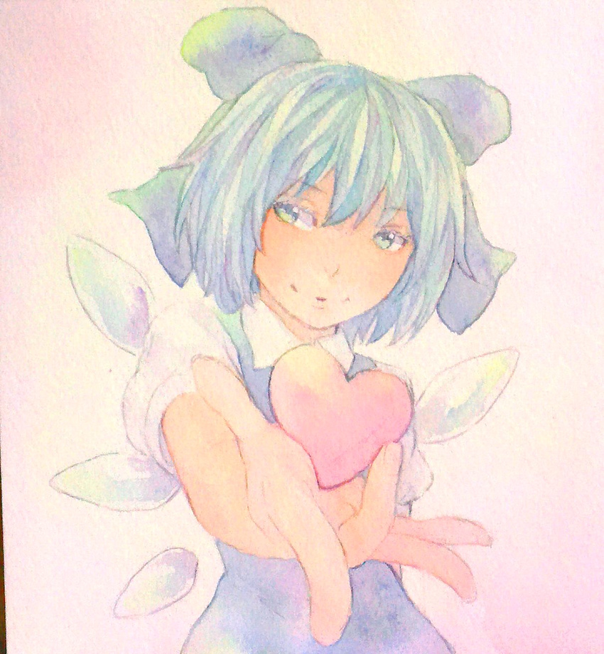 blouse blue_dress blue_eyes blue_hair bow cirno dress dress_shirt giving gradient gradient_background hair_between_eyes hair_bow heart highres ice ice_wings looking_at_viewer outstretched_hand parted_lips pink_background puffy_short_sleeves puffy_sleeves shirt short_hair short_sleeves smile solo touhou traditional_media upper_body watercolor_(medium) white_shirt wings yuyu_(00365676)