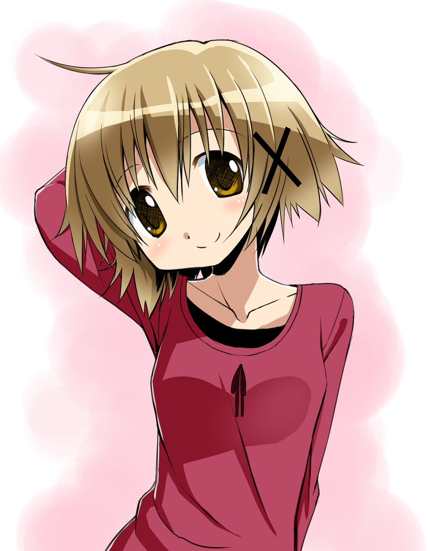 arm_behind_head brown_eyes brown_hair hair_ornament hairclip head_tilt hidamari_sketch highres looking_at_viewer percy_pyl short_hair smile solo x_hair_ornament yuno