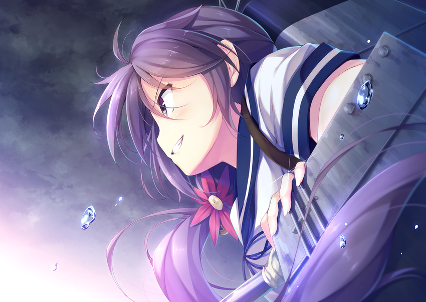 akebono_(kantai_collection) bell bubble cannon cloud cloudy_sky flower from_below from_side hair_bell hair_flower hair_ornament jewelry jingle_bell kantai_collection machinery masaki_kei purple_eyes purple_hair ring school_uniform serafuku short_sleeves side_ponytail sky smile smokestack solo teeth turret uniform water wedding_band