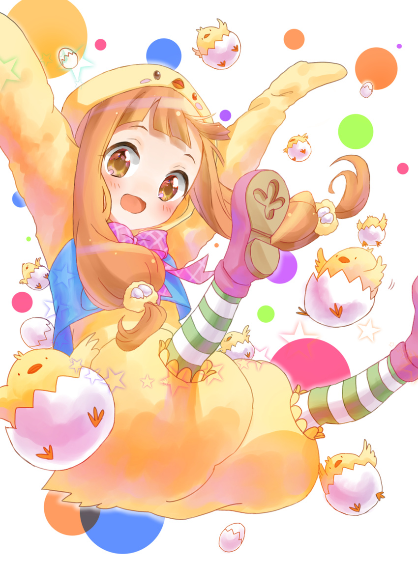 animal_costume bird bow brown_eyes brown_hair chick chick_costume cosplay egg highres hiyokotori ichihara_nina idolmaster idolmaster_cinderella_girls kigurumi open_mouth polka_dot polka_dot_background smile solo star striped striped_legwear