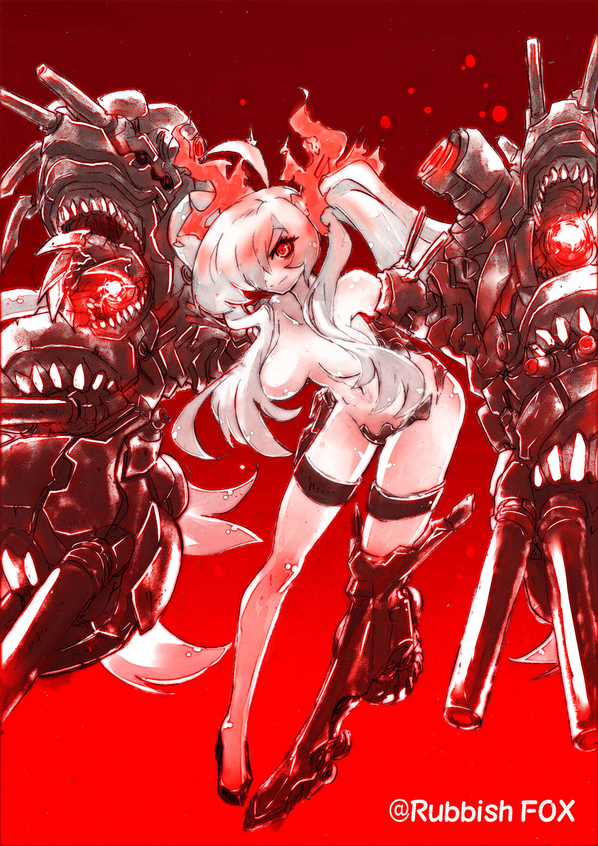 absurdres breasts cleavage hair_censor hair_over_breasts hair_over_one_eye highres kantai_collection long_hair looking_at_viewer medium_breasts nude open_mouth red_background red_eyes shinkaisei-kan simple_background smile solo southern_ocean_war_hime teeth turret twintails very_long_hair white_hair white_skin wisespeak