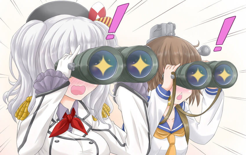 +_+ 2girls bangs beret binoculars blush brown_hair buttons chestnut_mouth commentary_request dress epaulettes frilled_sleeves frills gloves hat headgear jack_(slaintheva) jacket kantai_collection kashima_(kantai_collection) kerchief military military_uniform multiple_girls neckerchief open_mouth sailor_dress short_hair silver_hair uniform wavy_hair wavy_mouth white_gloves yukikaze_(kantai_collection)