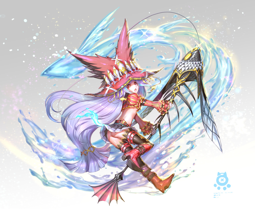 bad_id bad_pixiv_id fishing_rod hat long_hair midriff observerz original purple_hair red_eyes solo thighhighs