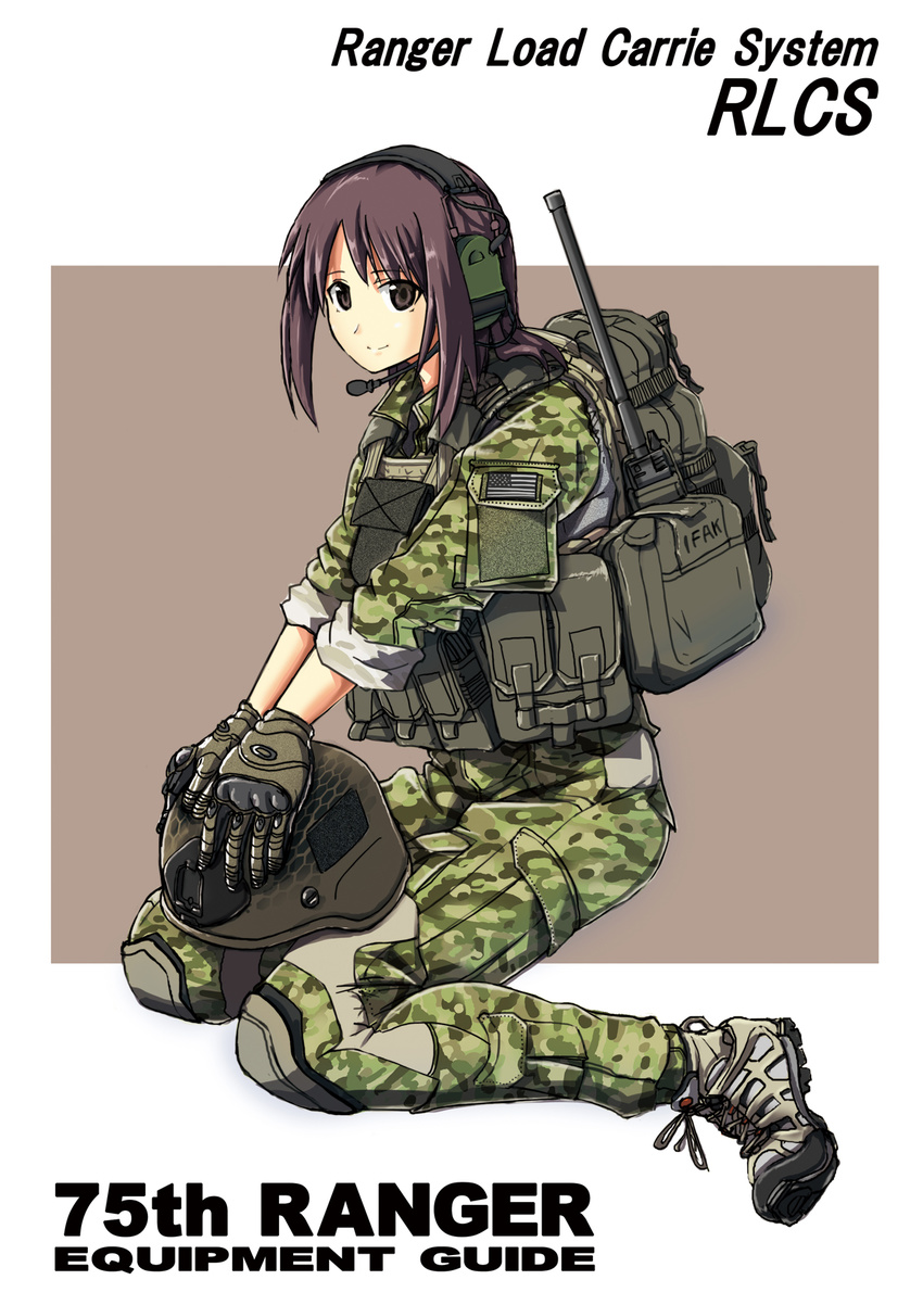 backpack bag boots brown_hair camouflage gloves green_eyes headphones helmet highres kneeling load_bearing_vest long_hair military military_uniform multicam_(camo) original simple_background smile solo tom_keith uniform us_army