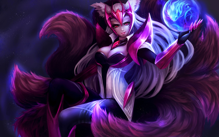 ahri alternate_costume alternate_eye_color alternate_hair_color animal_ears armor bodysuit boots breasts challenger_ahri claws cleavage cleavage_cutout facial_mark forehead_protector fox_ears fox_tail from_side gem gloves glowing greaves high_collar holding knee_boots knee_up large_breasts league_of_legends light_smile ling_(vivianling) lipstick long_hair looking_at_viewer makeup multiple_tails night night_sky orb outdoors parted_lips pauldrons red_eyes sideboob sitting sky smile solo tail thighlet vambraces very_long_hair whisker_markings white_hair
