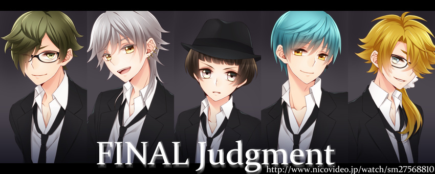 aqua_hair bespectacled blonde_hair brown_eyes brown_hair ear_piercing english glasses green_eyes green_hair grey_eyes hair_over_one_eye hat hirano_toushirou ichigo_hitofuri male_focus multiple_boys necktie open_mouth piercing rio_(rio_01) shishiou smile touken_ranbu tsurumaru_kuninaga uguisumaru white_hair yellow_eyes