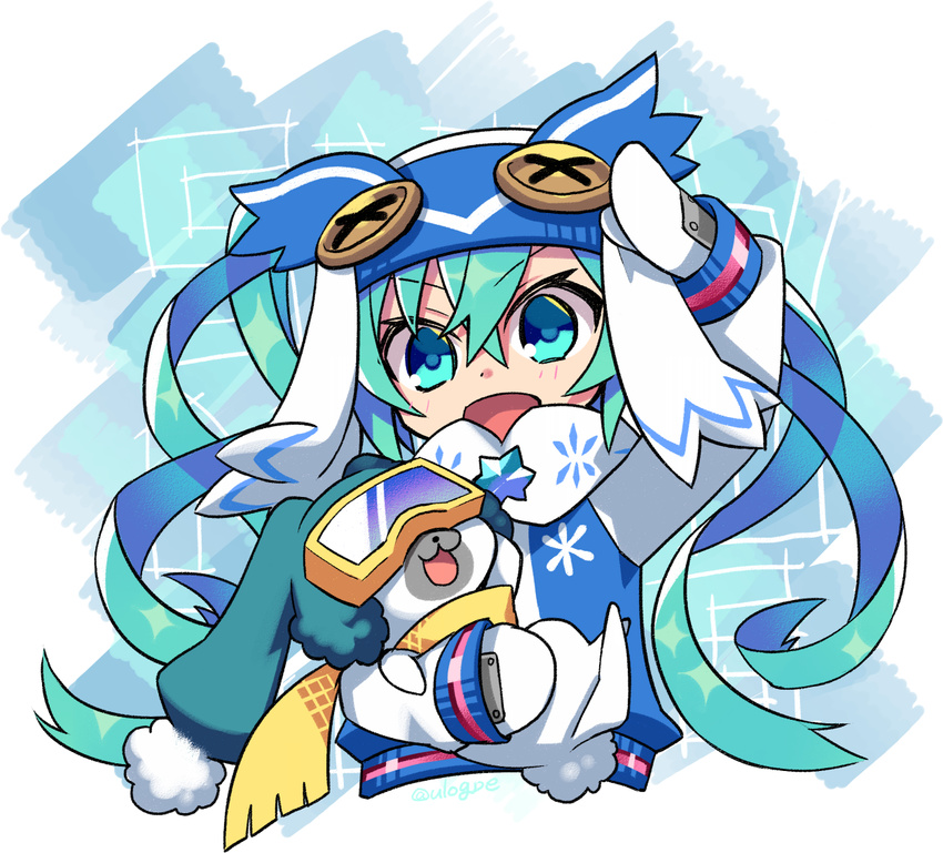 :3 :d aqua_hair blue_eyes bunny button_eyes creature gloves goggles hat hatsune_miku long_hair long_sleeves looking_at_viewer mittens negi_(ulog'be) open_mouth scarf smile snowflake_print snowflakes sparkle twintails very_long_hair vocaloid white_gloves yellow_scarf yuki_miku yukine_(vocaloid)