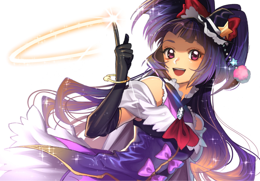 black_gloves black_hat bow cowboy_shot cure_magical elbow_gloves gem gloves hat index_finger_raised izayoi_liko long_hair looking_at_viewer magical_girl mahou_girls_precure! mini_hat mini_witch_hat pink_bow precure purple_eyes purple_hair smile solo wadani_hitonori white_background witch_hat