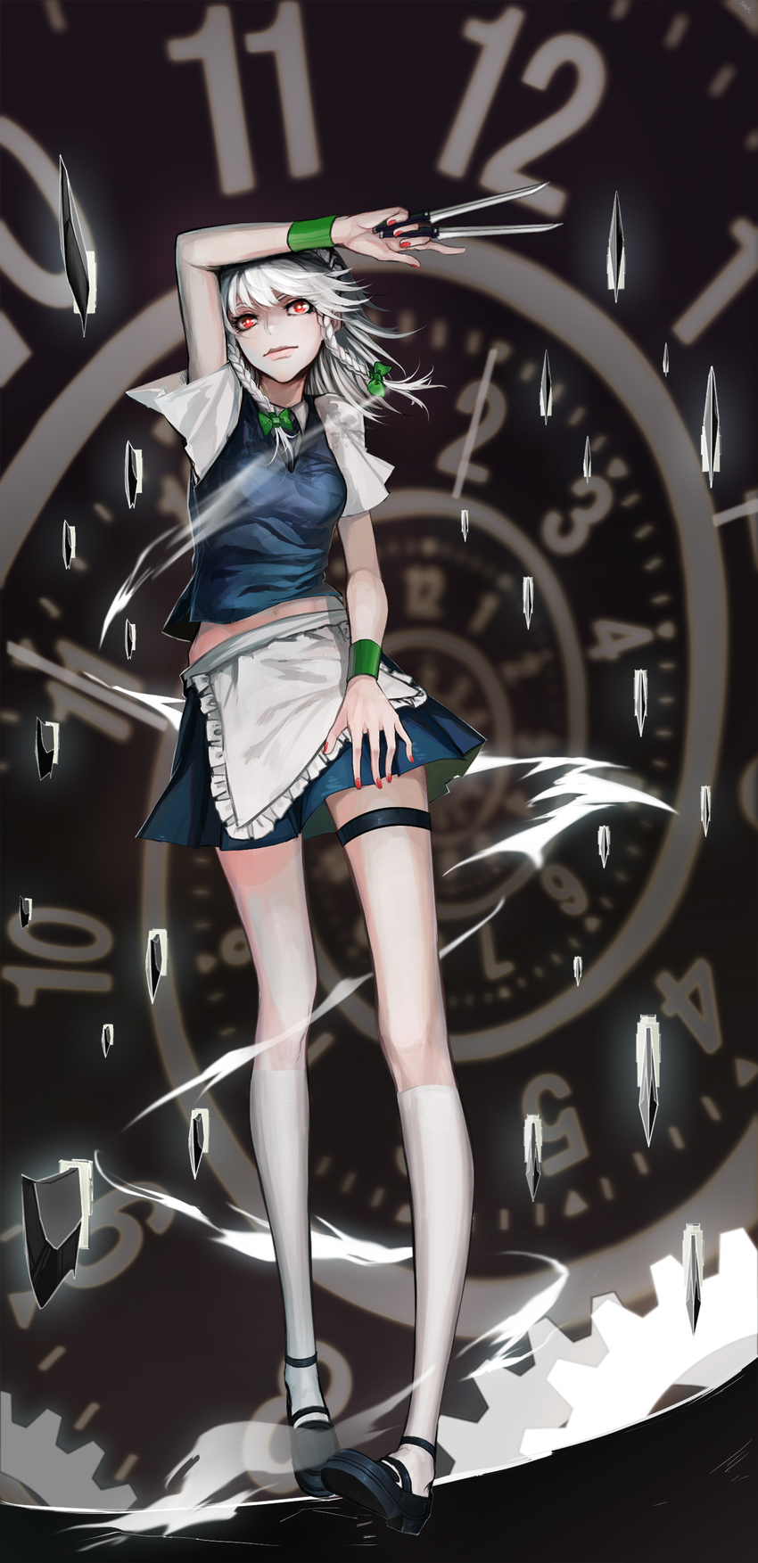 absurdres adapted_costume aiming_at_viewer apron arm_over_head black_footwear black_neckwear blue_skirt blue_vest braid clock collared_shirt energy foreshortening gears highres hips holding holding_knife izayoi_sakuya kneehighs knife knives_between_fingers lips long_legs looking_at_viewer maid maid_apron maid_headdress mary_janes mek midriff nail_polish necktie red_eyes red_nails shirt shoes short_sleeves silver_hair skirt solo thigh_strap touhou twin_braids vest white_legwear white_shirt wristband