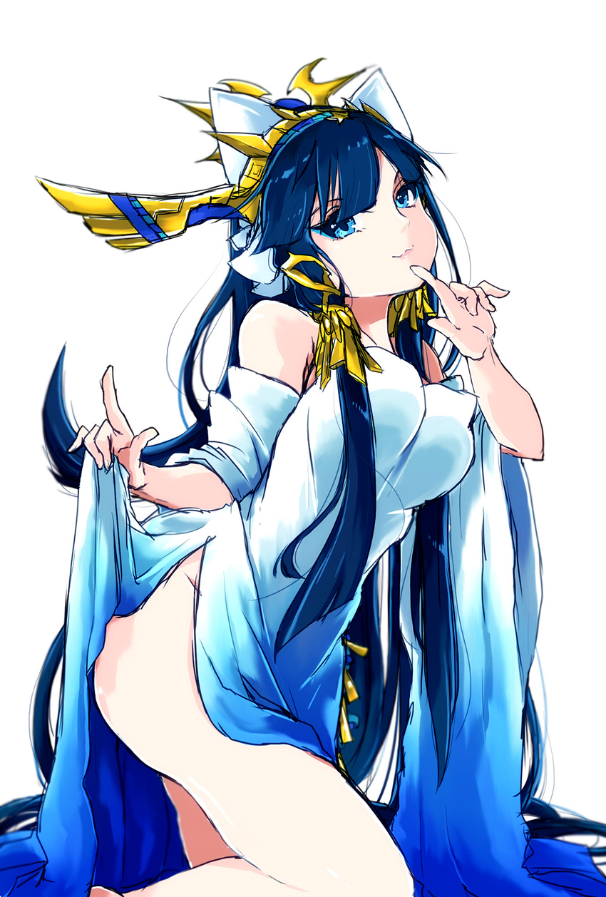 :3 ass blue_eyes blue_hair doushimasho finger_to_mouth hair_ornament highres isis_(p&amp;d) leg_lift long_hair puzzle_&amp;_dragons robe side_slit simple_background solo white_background