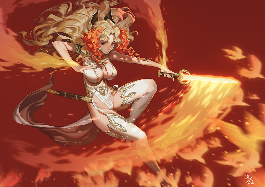 bangs bird blonde_hair boots breasts cape center_opening cleavage embers fantasy fire flaming_sword floating_hair flower garter_straps hair_flower hair_ornament holding holding_sword holding_weapon kakiman knee_up large_breasts leotard long_hair looking_away original parted_lips red_background red_eyes scabbard sheath short_sword signature simple_background solo sword thigh_boots thighhighs unsheathed weapon