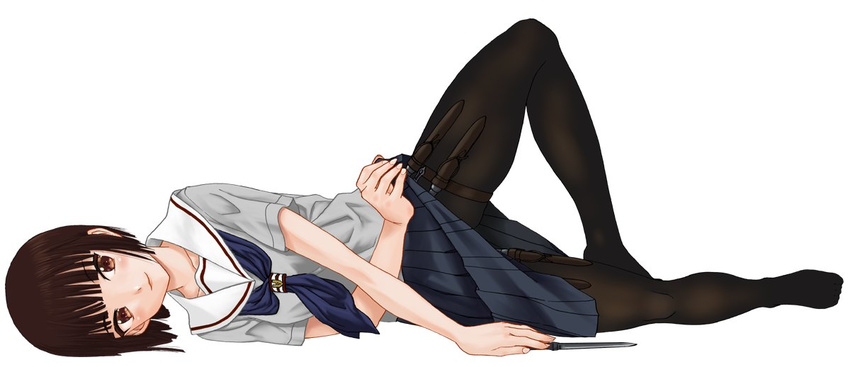 black_hair brown_eyes copyright_request dagger holster lying on_side pantyhose school_uniform short_hair skirt skirt_lift solo tennouji_kitsune thigh_holster weapon