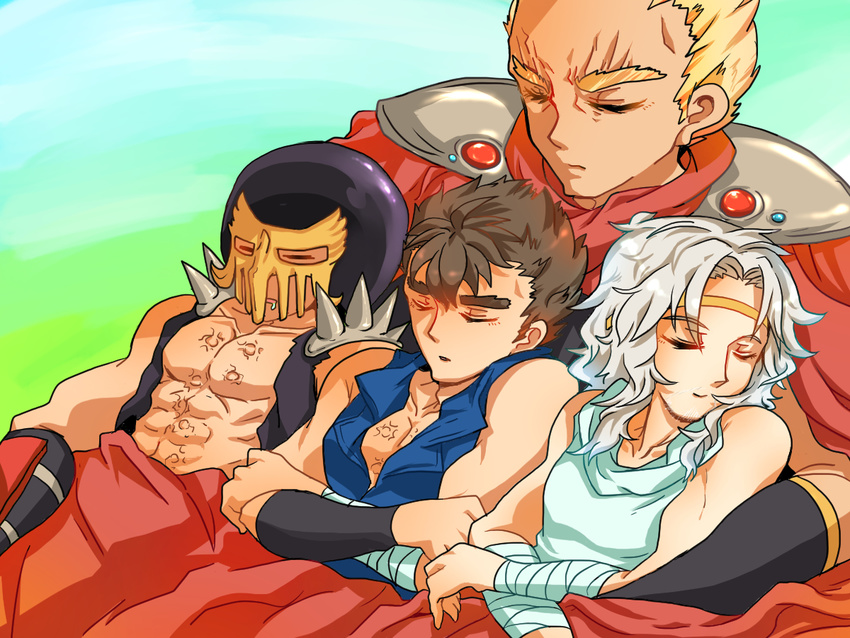 armband blonde_hair brothers brown_hair cape circlet closed_eyes eyebrows facial_hair helmet hokuto_no_ken jacket jagi kenshirou knee_pads long_hair lying lying_on_person male_focus multiple_boys muscle raou_(hokuto_no_ken) red_cape scar shion_(kokorozashi_on_momo_neko) shoulder_pads siblings sleeping spikes thick_eyebrows toki_(hokuto_no_ken) white_hair