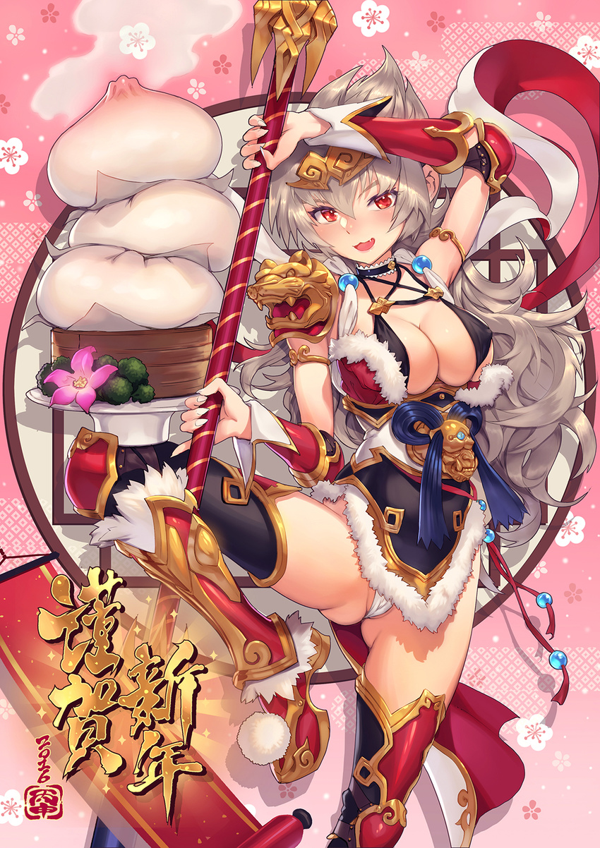 2016 armor baozi black_legwear blush breasts chinese_zodiac choker cleavage fang food gauntlets greaves highres large_breasts leg_up long_hair looking_at_viewer mhk_(mechamania) new_year open_mouth original panties pantyshot pantyshot_(standing) pauldrons red_eyes smile solo spiked_hair staff standing thighhighs underwear weapon white_panties year_of_the_monkey