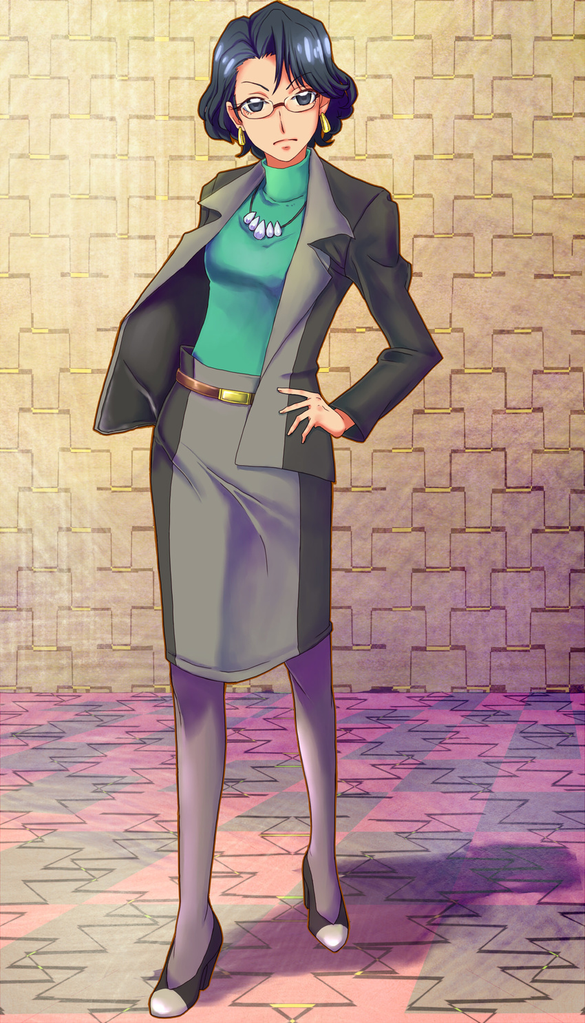 absurdres amawa_kazuhiro arm_behind_back belt black_eyes black_footwear black_hair earrings formal frown full_body glasses go!_princess_precure green_shirt grey_jacket grey_skirt hand_on_hip high_heels highres jacket jewelry looking_at_viewer necklace open_clothes open_jacket pantyhose pencil_skirt precure pumps shirt shoes short_hair skirt skirt_suit solo standing suit tachi_kyouko