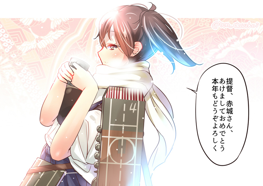 akeome brown_eyes brown_hair cup flight_deck from_side happy_new_year japanese_clothes juurouta kaga_(kantai_collection) kantai_collection kotoyoro mug muneate new_year profile scarf short_hair side_ponytail tasuki translation_request twitter_username